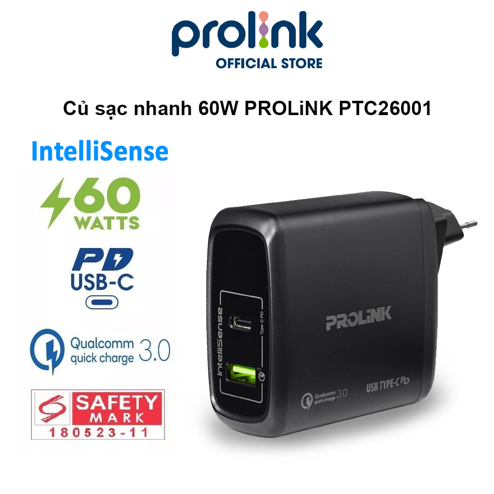 Củ sạc nhanh 60W PROLiNK PTC26001, 2 cổng USB-A QC 3.0 & USB-C PD 3.0, IntelliSense, dùng cho điện thoại, iPad, Laptop - Hàng chính hãng