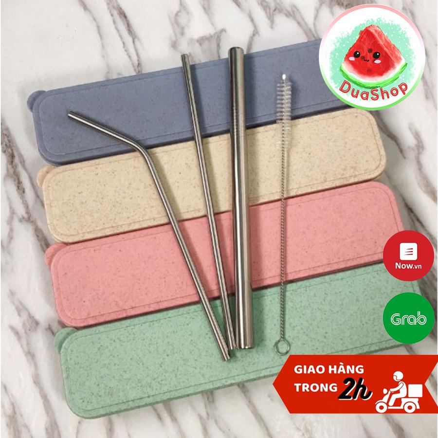 Bộ 3 ống hút kim loại Inox 304 kèm túi hoặc hộp lúa mạchDuashop