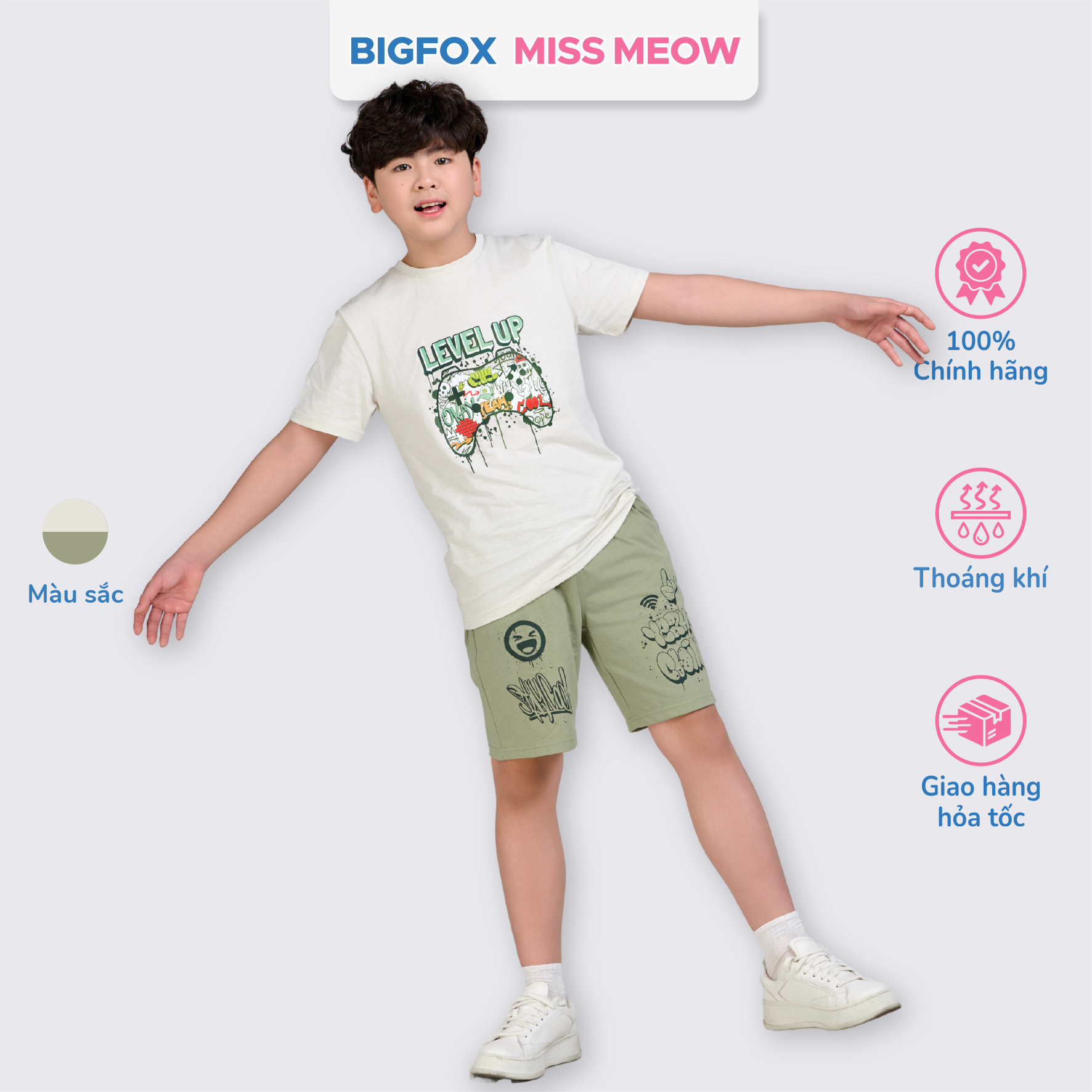 Bộ cotton bé trai size đại Bigfox Miss Meow mùa hè cộc tay in đẹp 12,13,14,15 tuổi 40kg 50kg