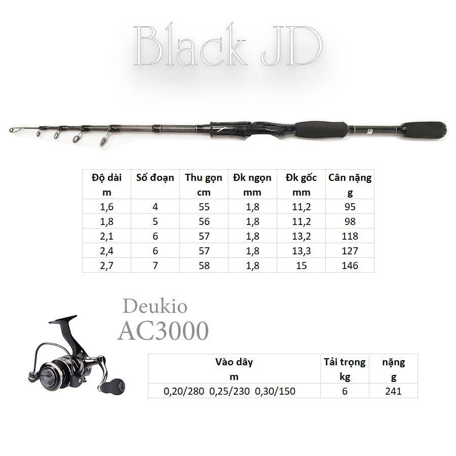 Bộ cần câu lure máy Đứng JD rút gọn làm từ carbon kèm máy Deukio AC3000 và hộp mồi lure BCM14