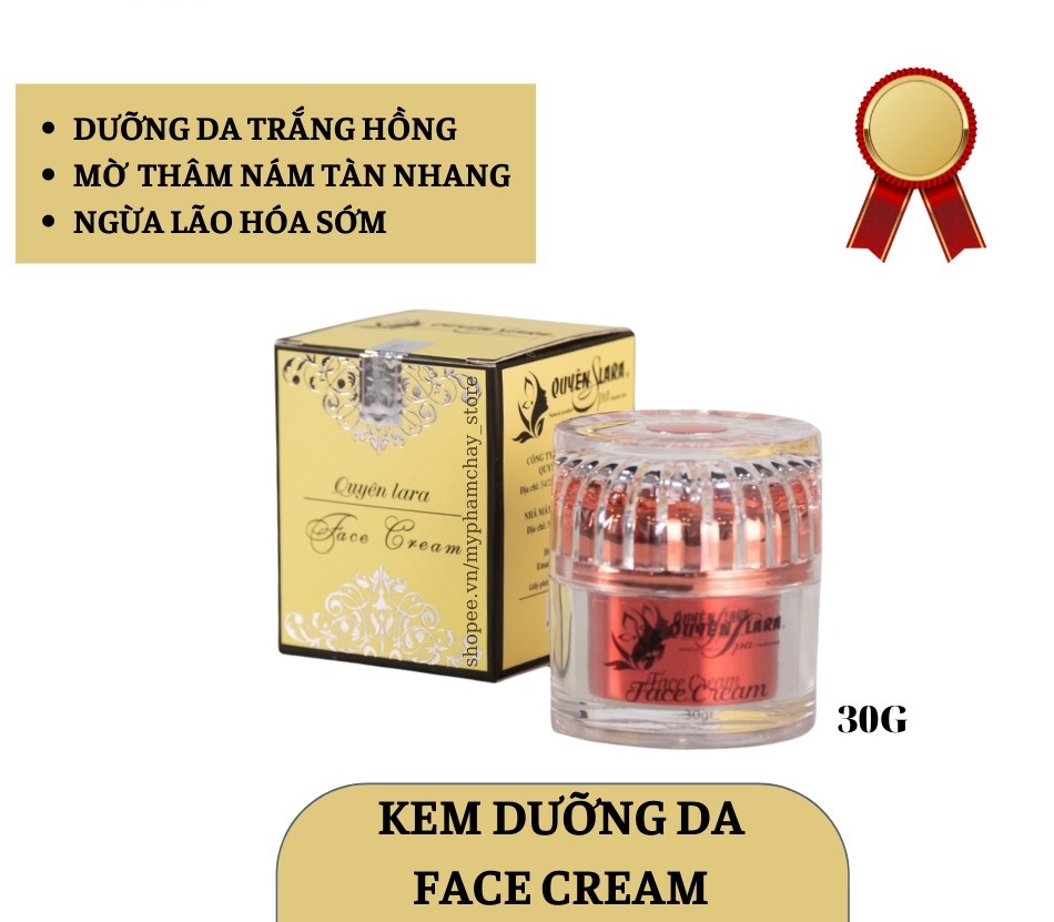 Kem Dưỡng Da FACE CREAM Quyên Lara - Kem Dưỡng Và Tái Tạo Da Giúp Trắng Da, Mờ Thâm, Nám, Tàn Nhang, Dưỡng Da Săn Chắc, Ngăn Ngừa Lão Hóa, Trắng Hồng Tự Nhiên | Trọng Lượng 30 Gram - HẢNG CHÍNH HÃNG