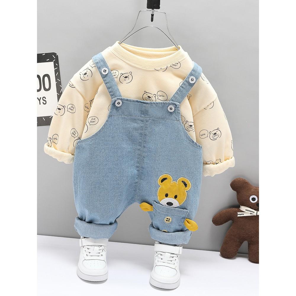 Set yếm jean túi gấu + áo dài tay họa tiết gấu con hàng Quảng Châu cao cấp cho bé