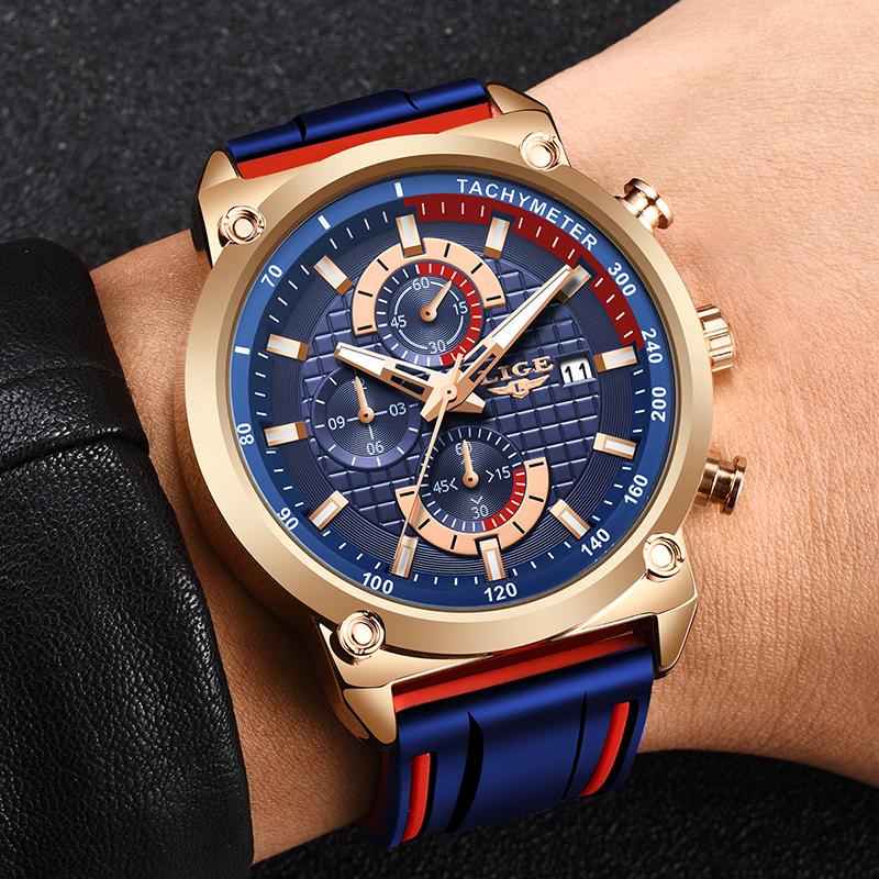 2023 LIGE MEN MENS WATCH TOP Top Brand Dial Dial Đồng hồ nam thời trang silicone không thấm nước thạch anh vàng đồng hồ đeo tay thể thao đồng hồ bấm giờ