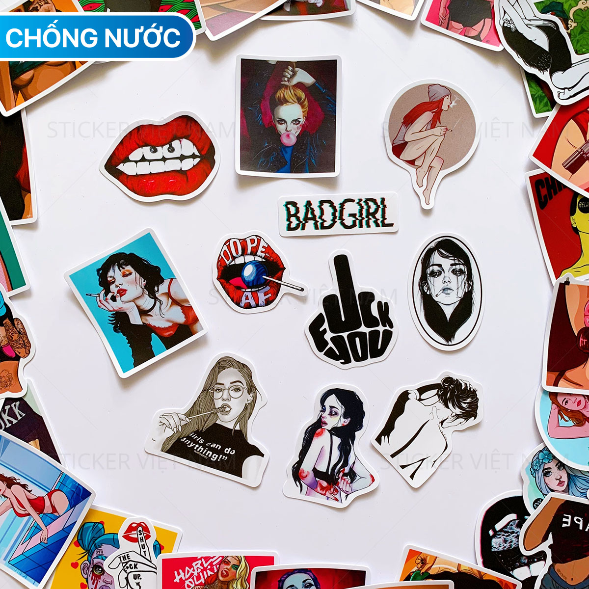 Sticker Bad Girl - Cô Gái Ngầu - Chất Liệu PVC Chất Lượng Cao Chống Nước - Kích Thước 4-8cm