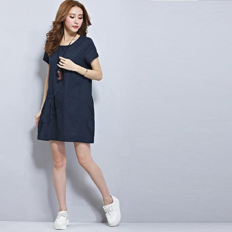 Đầm suông đũi cổ tròn phối túi hộp, thời trang hè thu