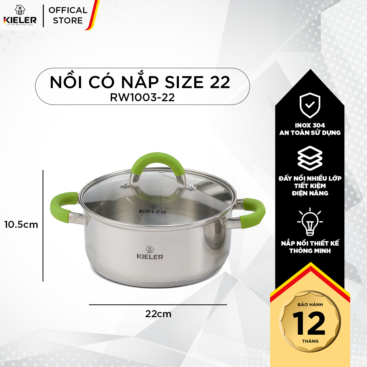 Nồi Inox 5 đáy KIELER đáy từ 22cm nấu nhanh, tiết kiệm điện, có 2 lớp chống dính Whitford ít bám dầu mỡ RW1003-22 - Hàng Chính Hãng