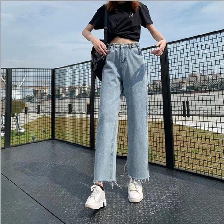 Quần bò thời trang nữ ống rộng dáng ulzzang / Quần jean nữ cúc hông tà tua rua