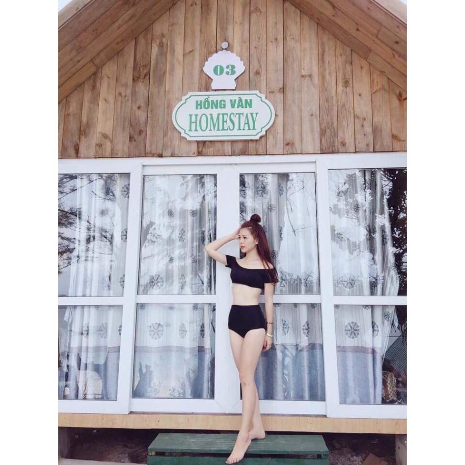 Bikini 2 mảnh đồ bơi áo trễ vai màu đen có ống tay nữ siêu đẹp ( Ảnh chụp từ khách)