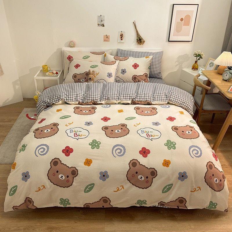 Bộ chăn ga gối hình gấu Cotton Poly cao cấp phong cách Hàn Quốc đủ size miễn phí bo chun drap ga giường theo yêu cầu