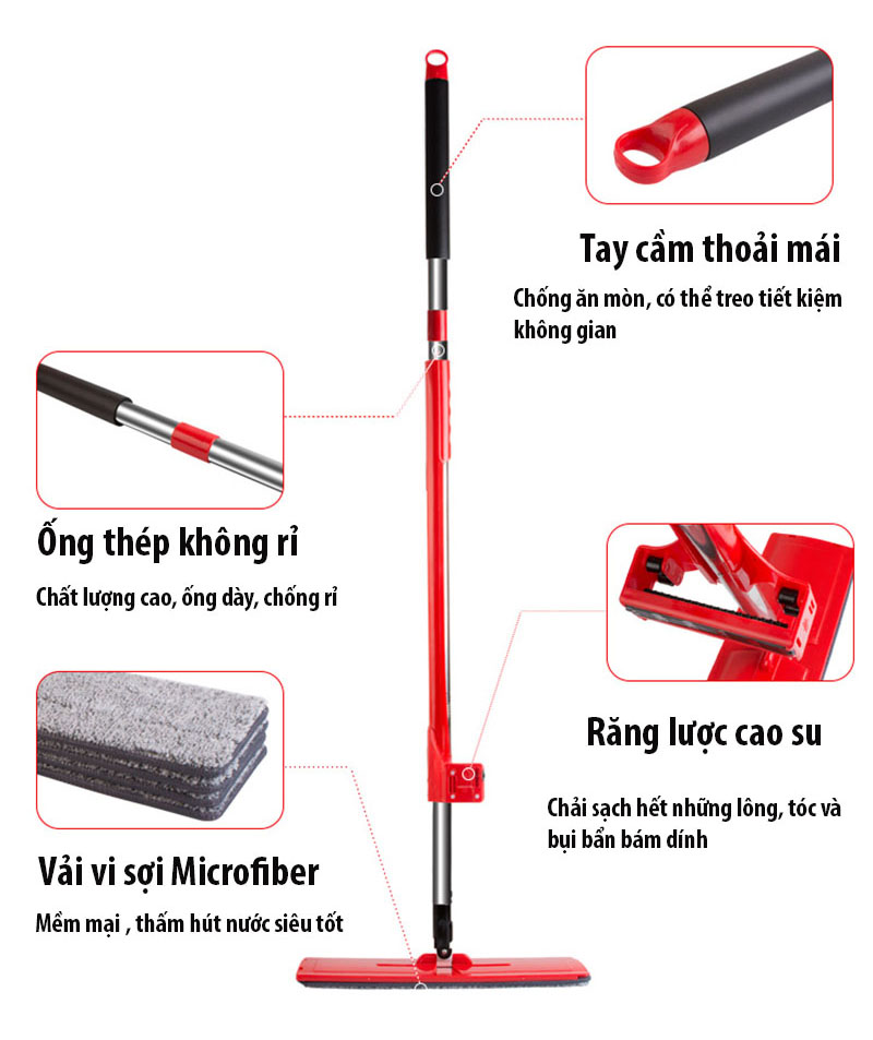 Cây lau nhà tự vắt thông minh chổi lau nhà 360 độ, kèm 2 miếng lau Kitimop-RED, vắt kiệt nước dễ dàng, cầm nhẹ tay, chổi lau nhà thông minh