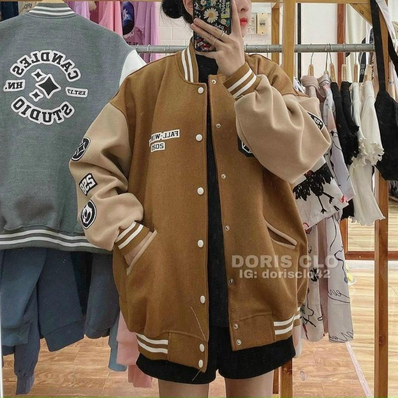 Áo bomber jacket nỉ bông khoác nữ nam unisex gió cúc bấm form rộng local brand ulzzang phong cách hàn quốc đep Chữ CS