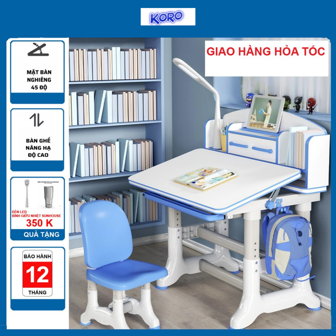 Bộ bàn học có kệ sách chông gù chống cận, size 80cm K50 bàn ghế trẻ em tăng chỉnh độ cao điều chỉnh mặt bàn