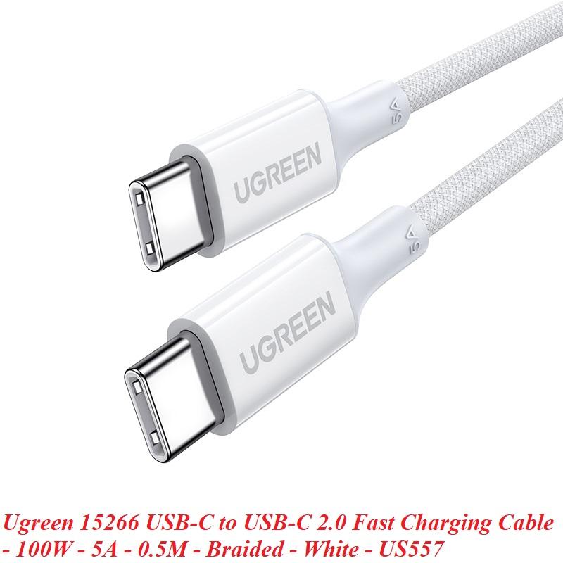 Ugreen UG15266US557TK 100W 0.5M c-c hỗ trợ QC4.0 5A Cáp sạc nhanh - truyền dữ liệu 2 đầu USB-C dây bọc dù Màu Trắng - HÀNG CHÍNH HÃNG