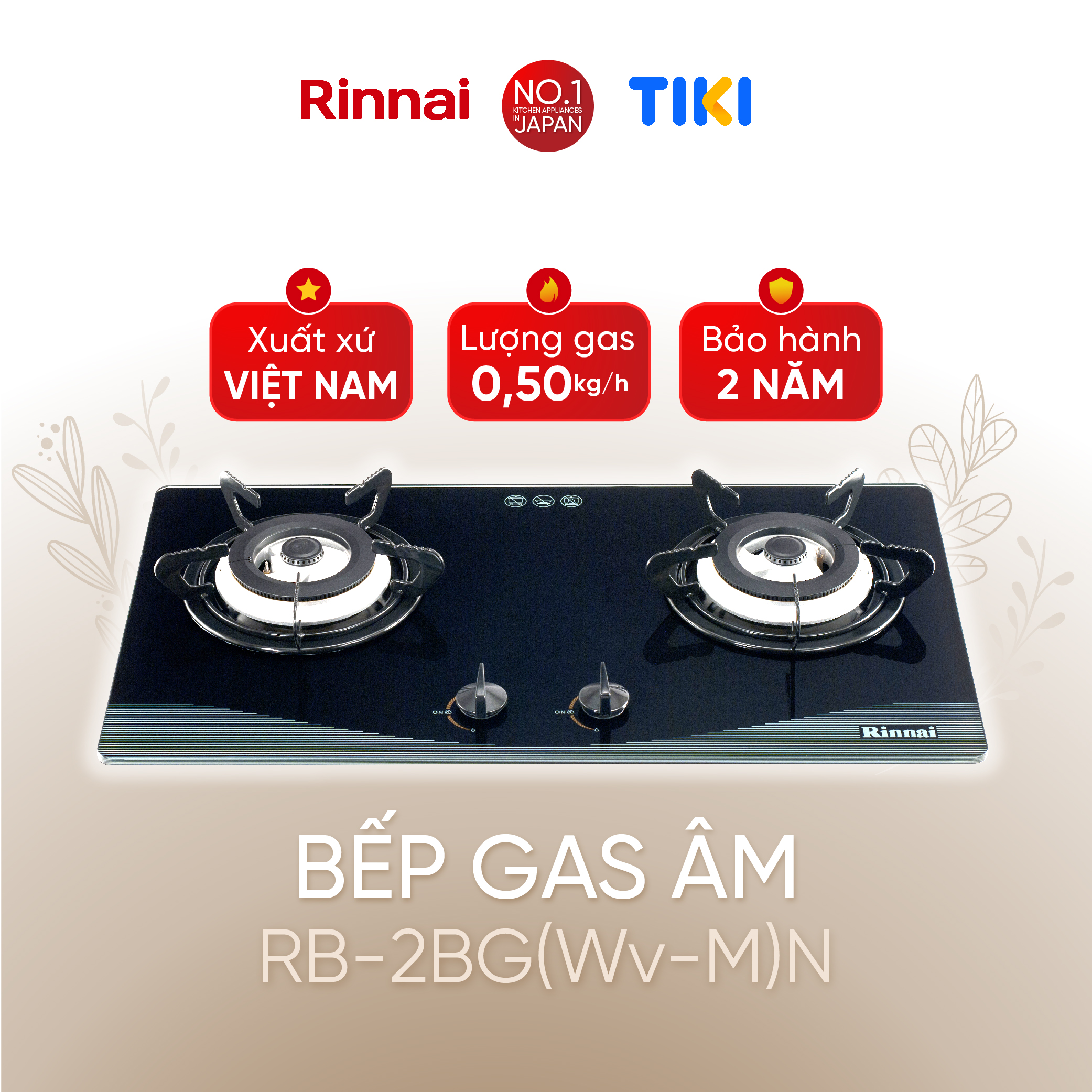 Bếp gas âm Rinnai RVB-2BG(Wv-M)N mặt bếp kính và kiềng bếp men - Hàng chính hãng.