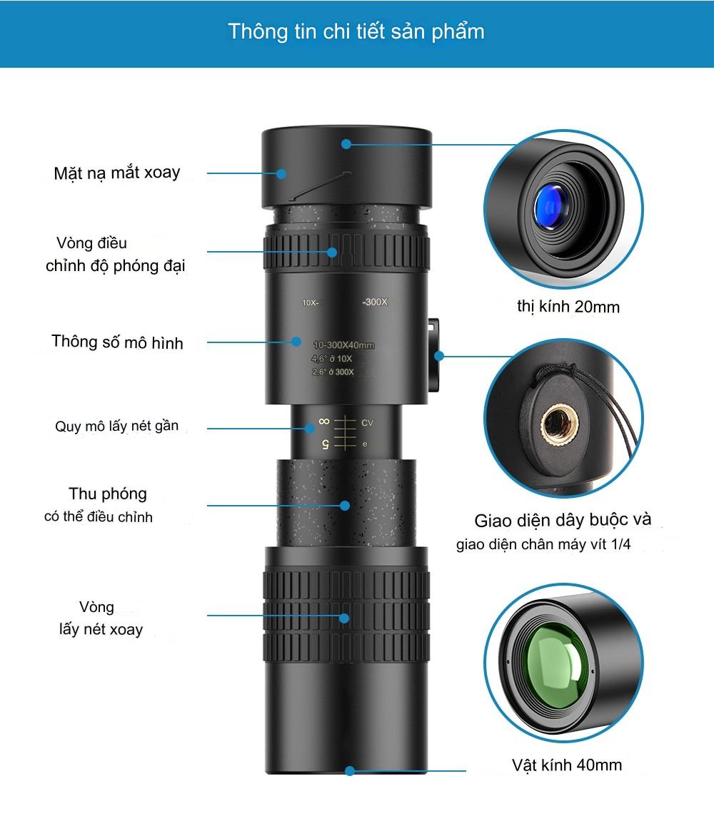 Ống lens cho điện thoại zoom 10x - 300x kèm kẹp điện thoại quay phim, chụp ảnh siêu nét cao cấp