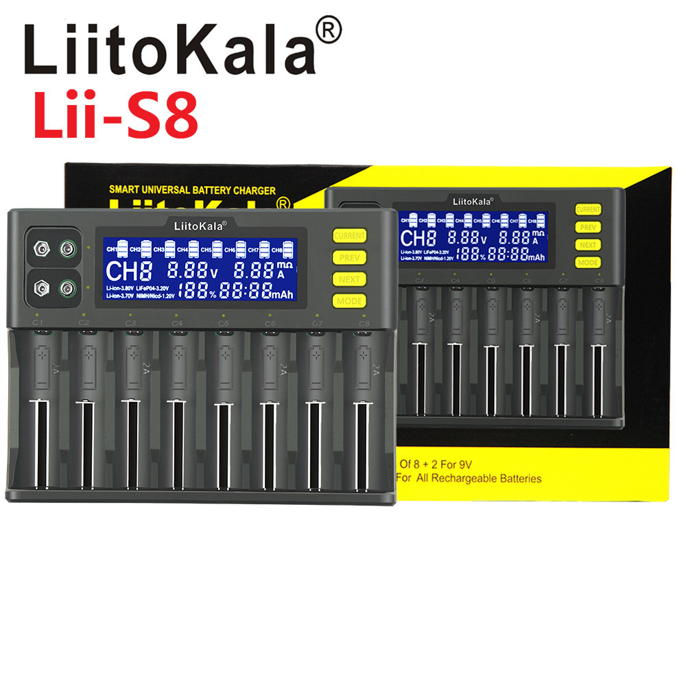 Bộ sạc pin LiitoKala lii-S8 Li-ion 3.7V NiMH 1.2V Li-FePO4 3.2V IMR 3.8V sạc cho 18650 26650 21700 26700 AA AAA