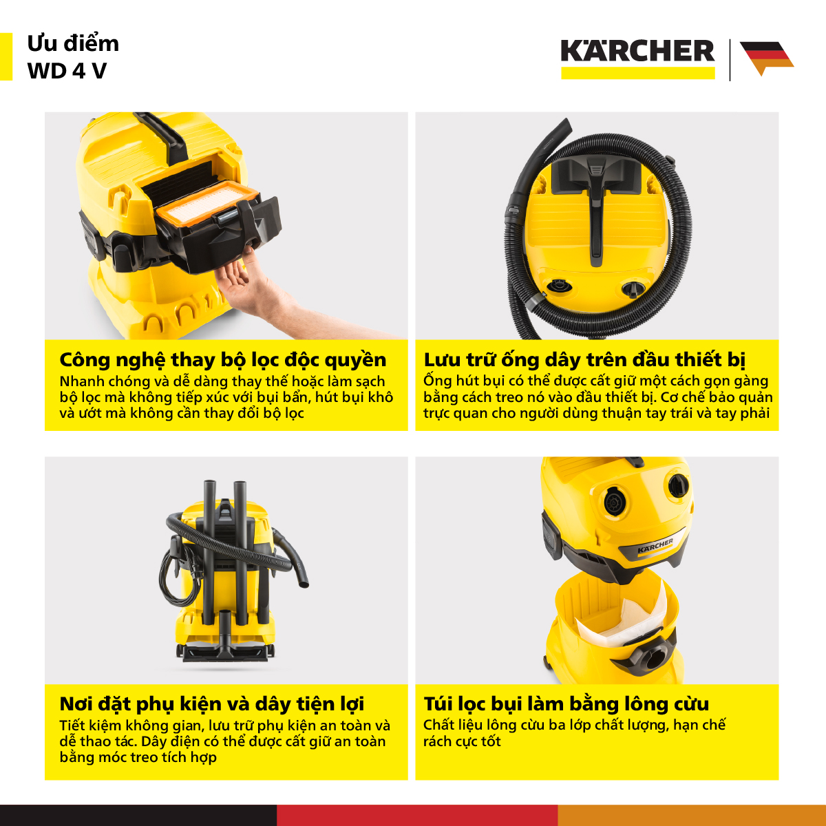 [Mới 2025] Máy hút bụi đa năng khô và ướt WD4V dành cho Karcher - Công suất 1000W - Bảo hành chính hãng 12 tháng - Hàng Chính Hãng
