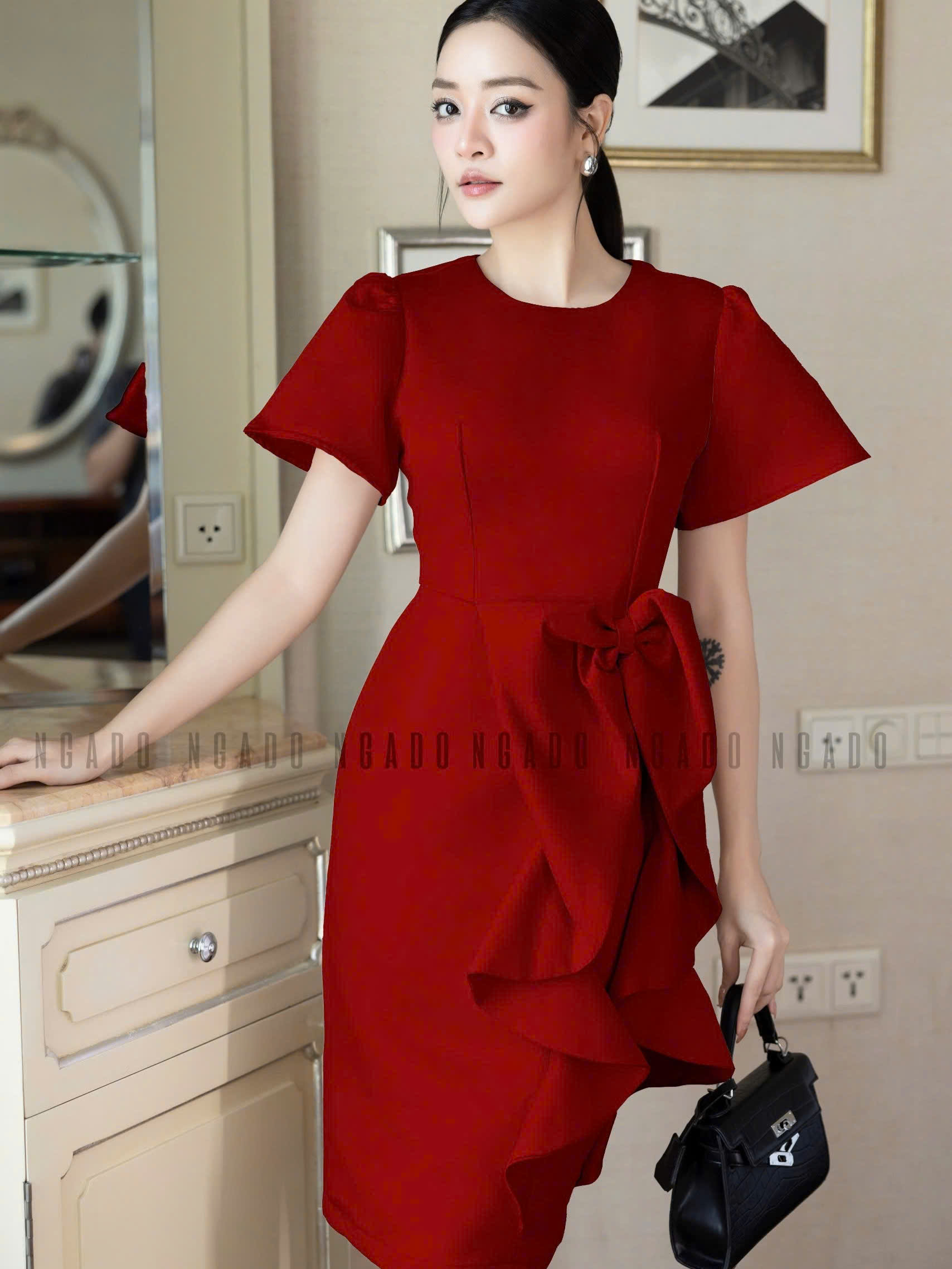 Đầm đỏ tay loe NGADO , đầm kiểu Nữ , đầm dự tiệc , công sở