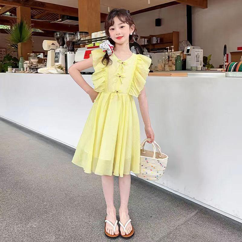 CHENGRUI Cô gái ăn mặc mùa hè 2023 phong cách phương Tây trẻ em chiffon lưới váy công chúa màu đỏ thời trang cô gái không tay váy ẩm ướt