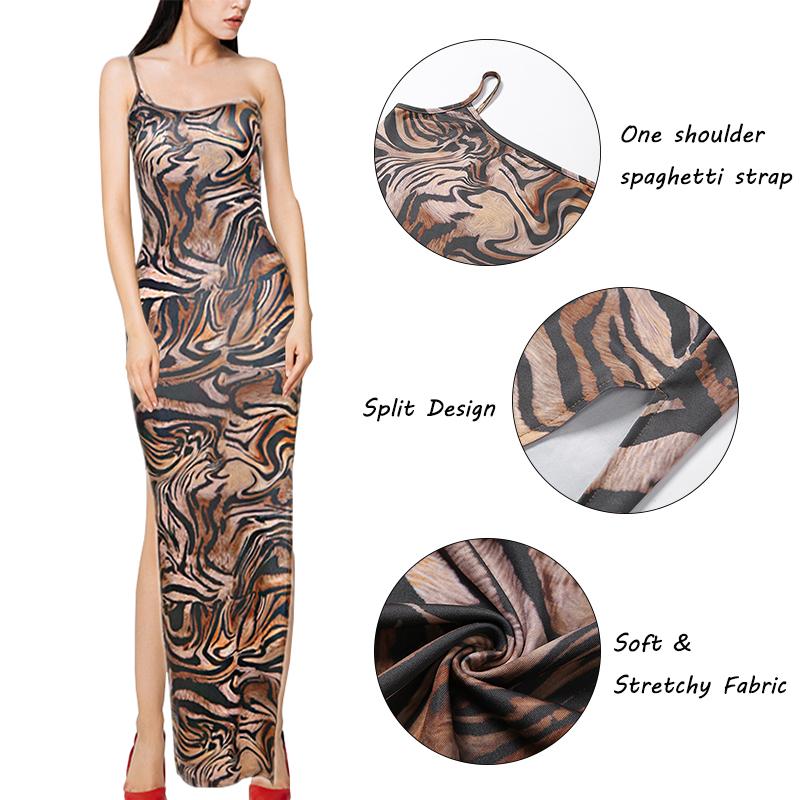 Fashion Women Tiger Print Dress One Shoulder Sleeveless Backless Bodycon Split Long Dress for Party Club