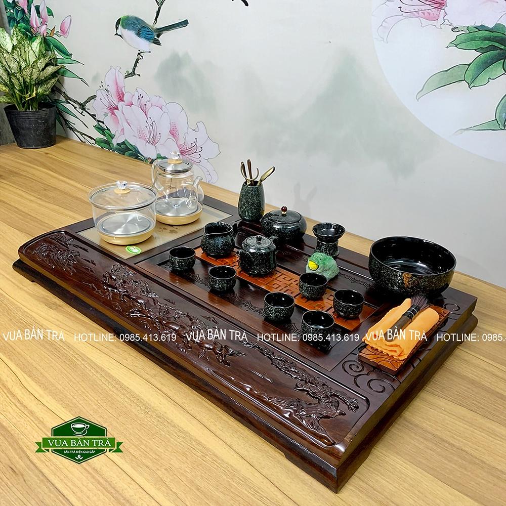 Bộ Bàn Trà Điện Phù Điêu Mã Đáo Thành Công Chất Liệu Gỗ Mun