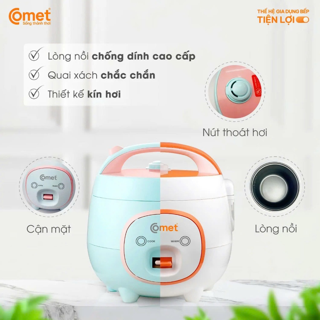 Nồi Cơm Điện Mini Comet CM8006 - Dung Tích 0.8L, Nắp Gài, Lòng Nồi Chống Dính - Hàng Chính Hãng Bảo Hành 12 Tháng