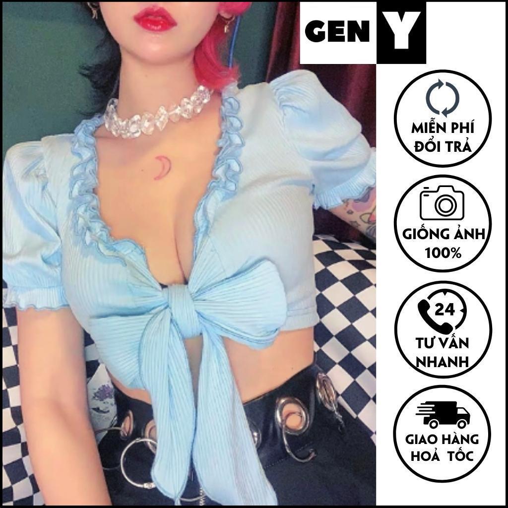 Áo Croptop Nơ Ngực GenY - Áo Croptop Kiểu Cột Thắt Nơ Trươc Ngực Siêu Xinh, Chất Vải Len Tăm Mềm Mịn