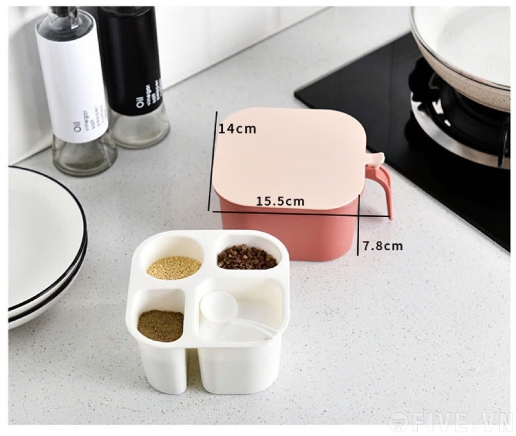 Hộp đựng gia vị 4 ngăn kín khí , chống ẩm ướt, Hũ gia vị chia ngăn có nắp đậy kèm thìa tiện lợi