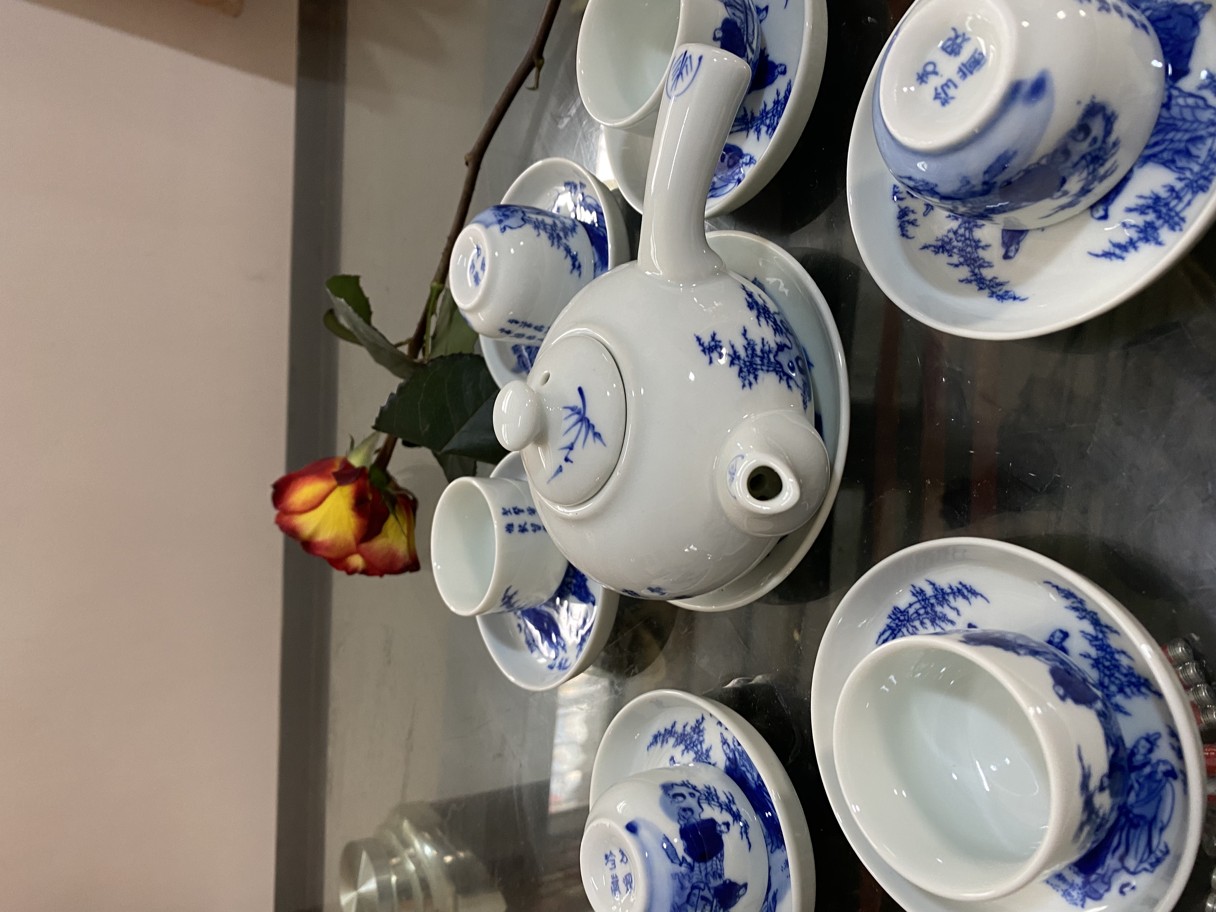 Bộ Ấm Chén Uống Trà Giả Cổ Quai Ngang Men Lam Gốm Bát Tràng Cao Cấp