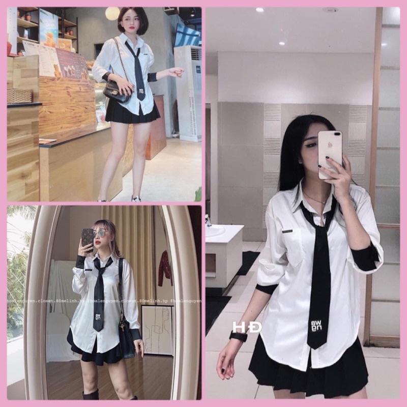 Áo sơ mi kèm cà vạt áo nữ cổ đức dài tay chất thô mềm