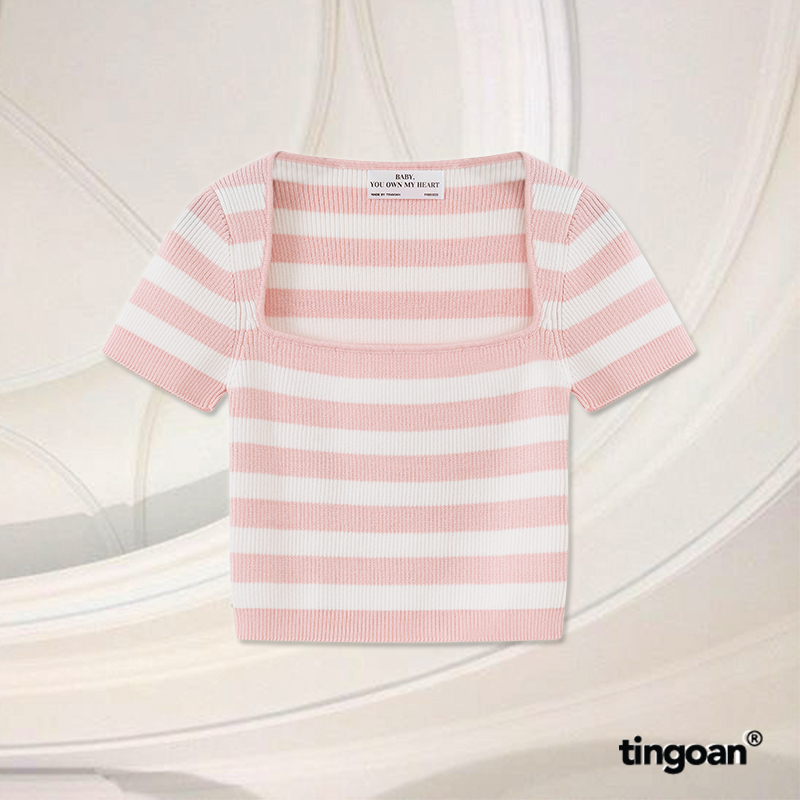 Áo len crop lửng ngắn tay cổ vuông kẻ trắng hồng BORA BORA TOP/PK