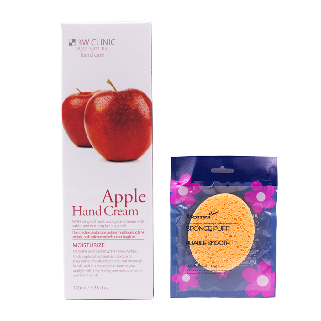 Kem dưỡng da tay chiết xuất Táo Hàn Quốc cao cấp 3W Clinic Apple Hand Cream (100ml) + Tặng Bông bọt biển massage mặt Hàn Quốc Aroma – Hàng Chính Hãng