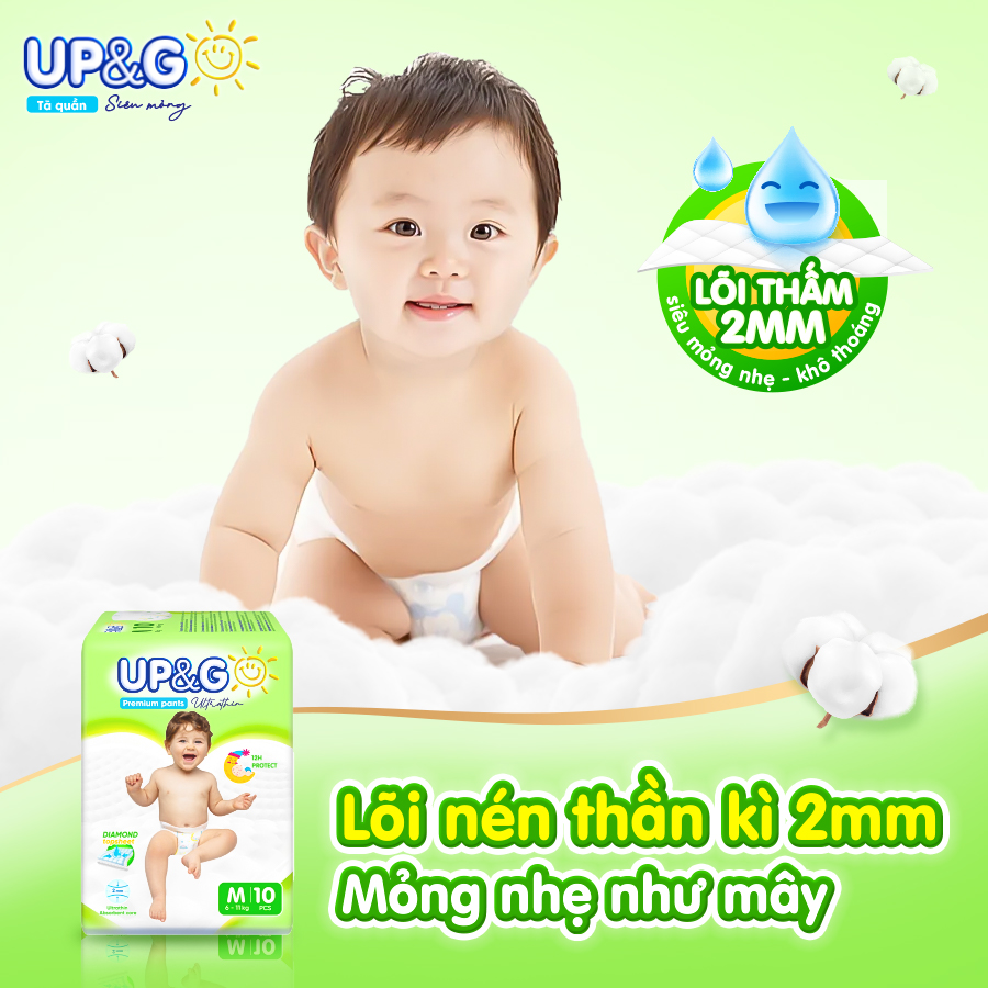 Combo 10 gói Tã/ Bỉm Quần Em Bé Siêu Mỏng Up&amp;Go Lõi Nén 2mm Siêu Mềm Mại, Siêu Khô Thoáng, Siêu Thấm Hút Size S/M/L/XL