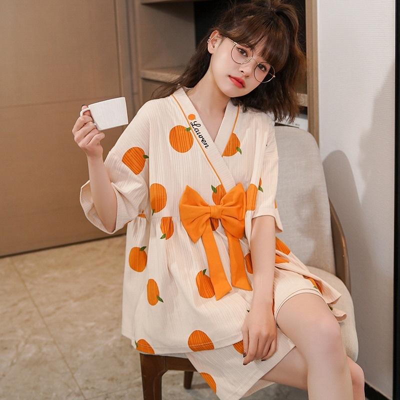 Bộ Đồ Ngủ Yukata Phong Cách Nhật Bản - Pyjama Mặc Nhà Nơ Cổ Chữ V