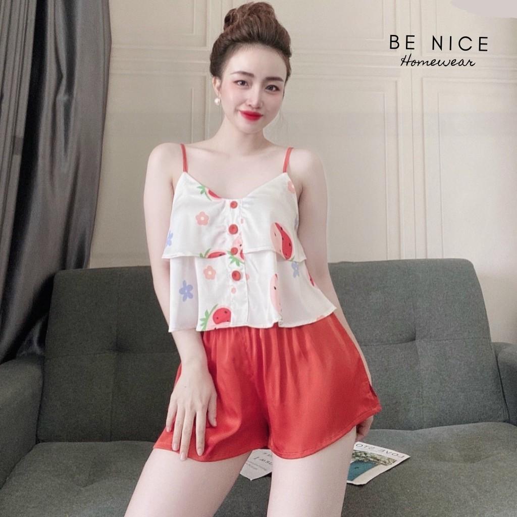 Set lụa dây mặc nhà 2 tầng nhiều họa tiết đáng yêu