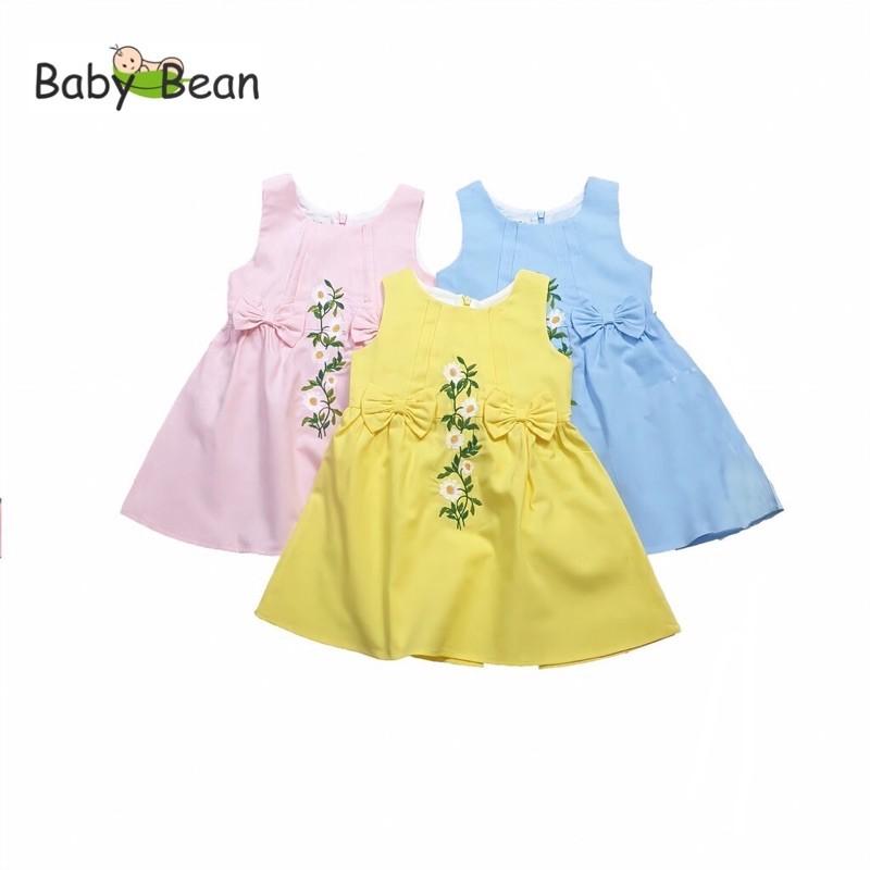 Đầm Cotton Thêu Hoa Đính Nơ Eo bé gái BabyBean