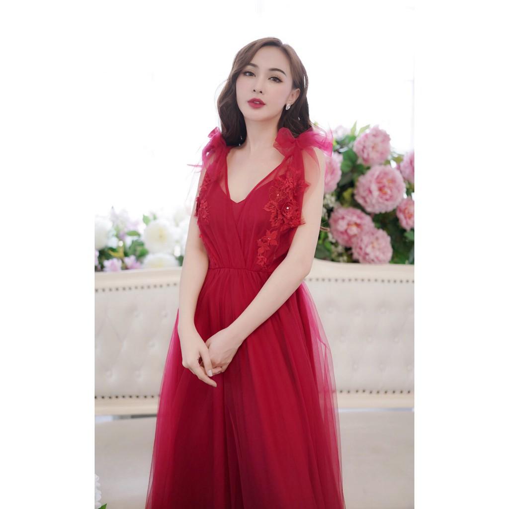 Đầm maxi đỏ dạ hội đính hoa 4D sang trọng