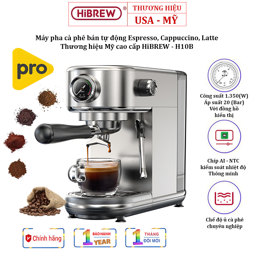 Máy Pha Cà Phê Espresso HiBREW H10B Bán Tự Động Thương Hiệu Mỹ Pha Cappuccino, Lattem 1350W, 20 bar - Bảo Hành 12 Tháng, Hàng Chính Hãng
