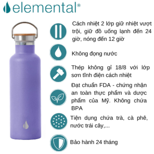 BÌNH GIỮ NHIỆT ELEMENTAL MÀU TÍM , BÌNH NHẬP KHẨU MỸ, ĐẠT CHUẨN FDA HOA KỲ, THÉP 304 KHÔNG GỈ, GIỮ NÓNG LẠNH