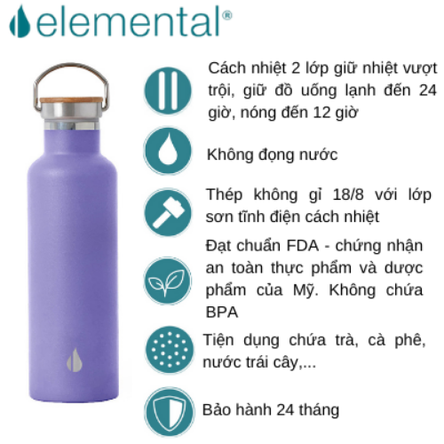 BÌNH GIỮ NHIỆT ELEMENTAL MÀU TÍM (750ML), BÌNH NHẬP KHẨU MỸ, ĐẠT CHUẨN FDA HOA KỲ, THÉP 304 KHÔNG GỈ, GIỮ NÓNG LẠNH