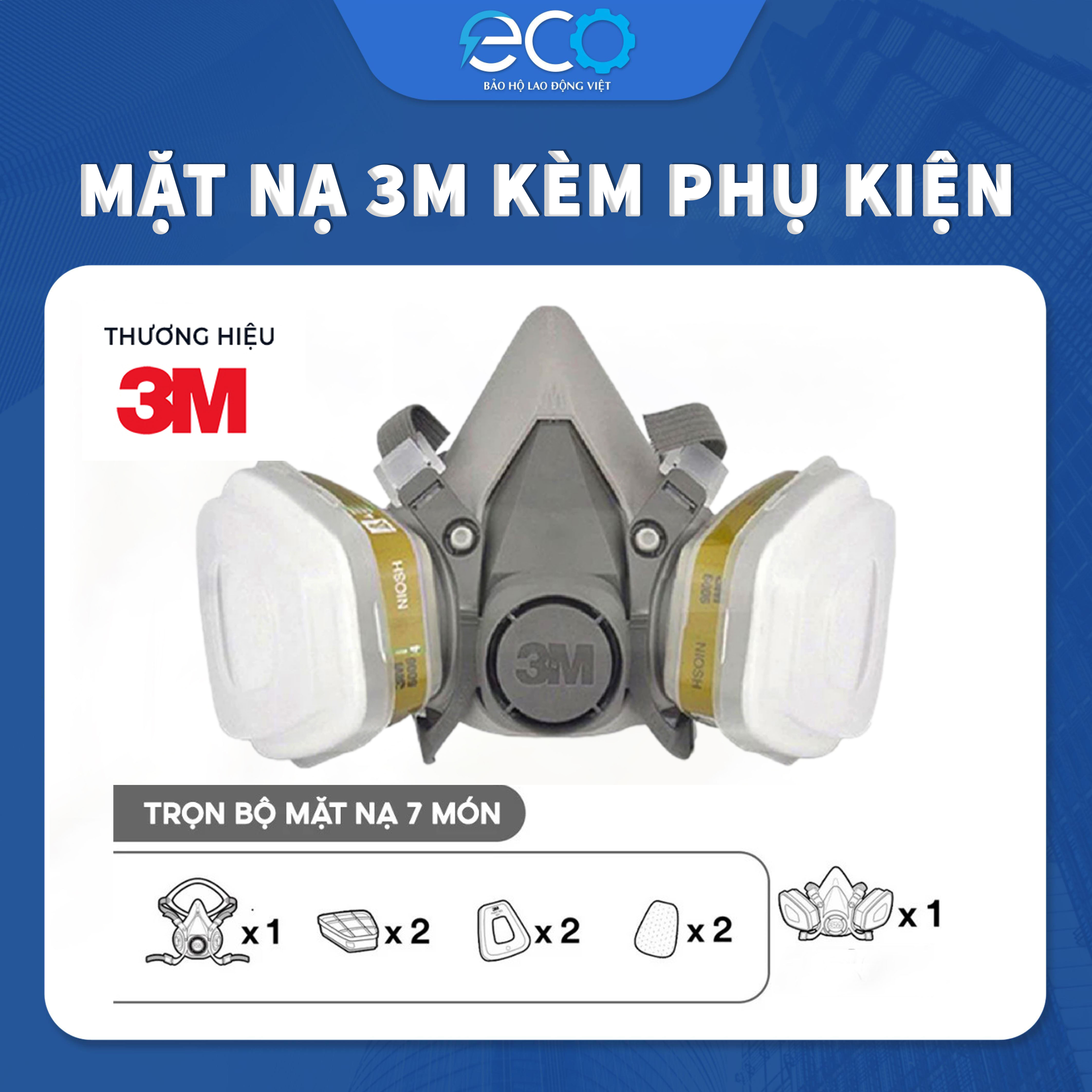 Bộ mặt nạ phòng độc 3M 6100/6200 với phin lọc 6006 kết hợp tấm lọc bụi 5N11 cùng nắp giữ 501 (7 món)