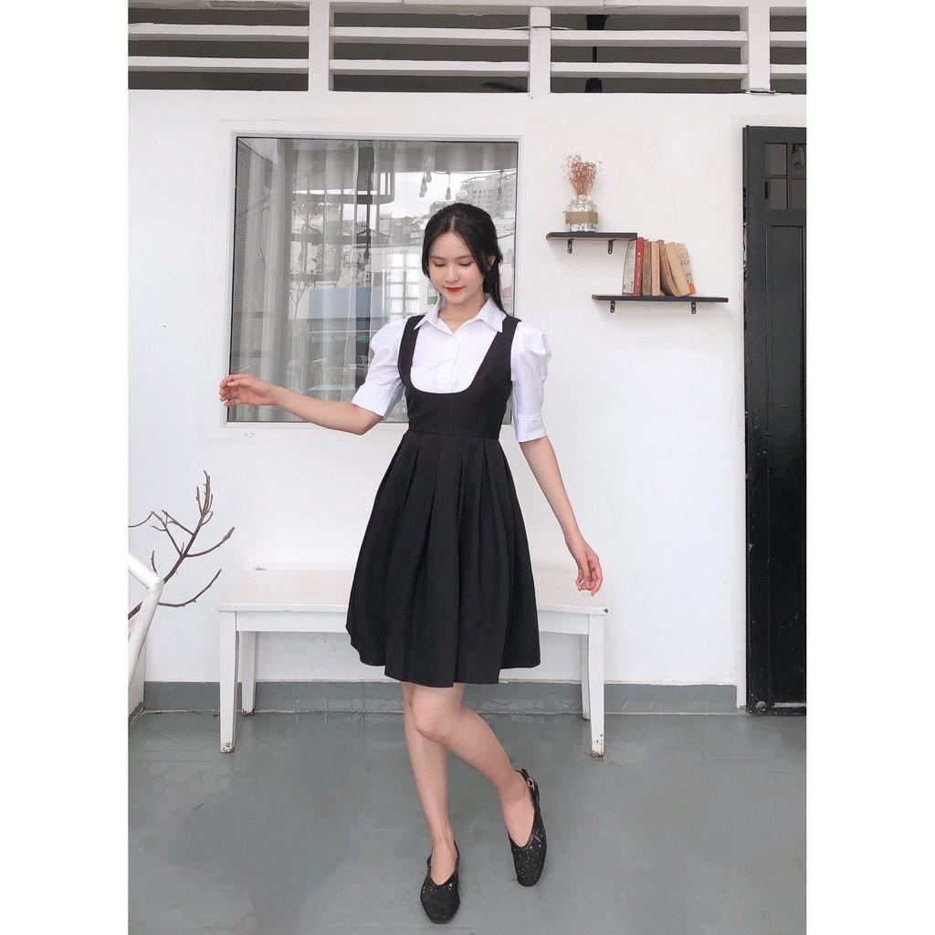 SET YẾM ĐEN 2 DÂY DÁNG XÒE+ÁO SƠ MI KIỂU TAY LỠ PHỒNG