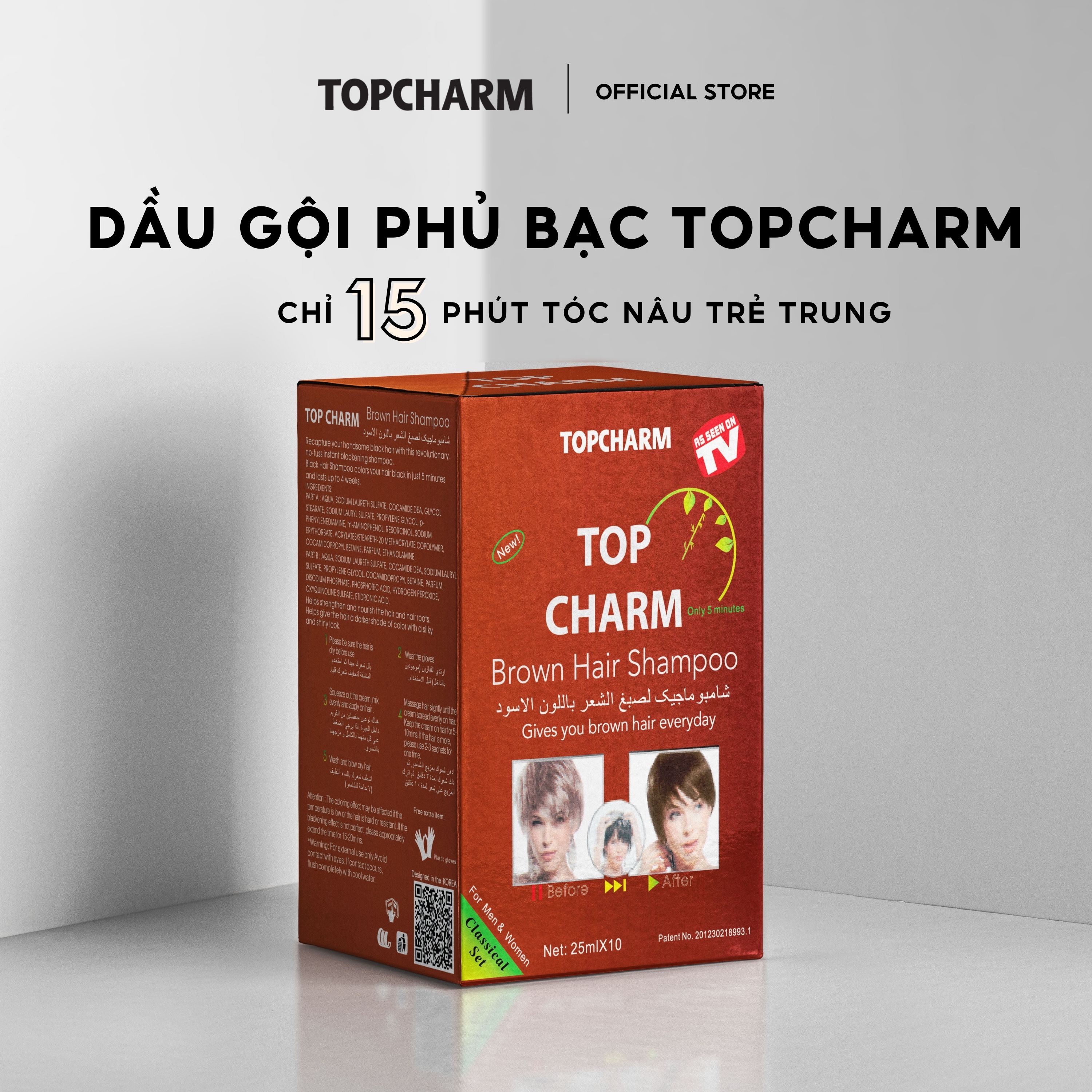 Dầu Gội Nhân Sâm Phủ Bạc Tóc Tại Nhà TOPCHARM - Phủ Nâu Tóc, Gội Là Nâu gói 25ml