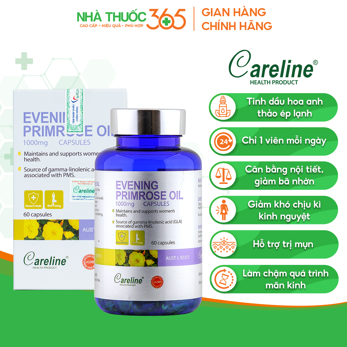 Viên Uống Tinh Dầu Hoa Anh Thảo Careline Evening Primrose Oil 1000Mg Tăng Cường Sức Khoẻ Nội Tiết Và Làn Da