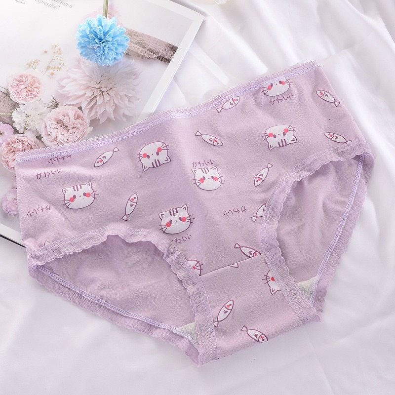 Combo 5 quần lót nữ cotton dễ thương Freesize Mèo tím và con cá