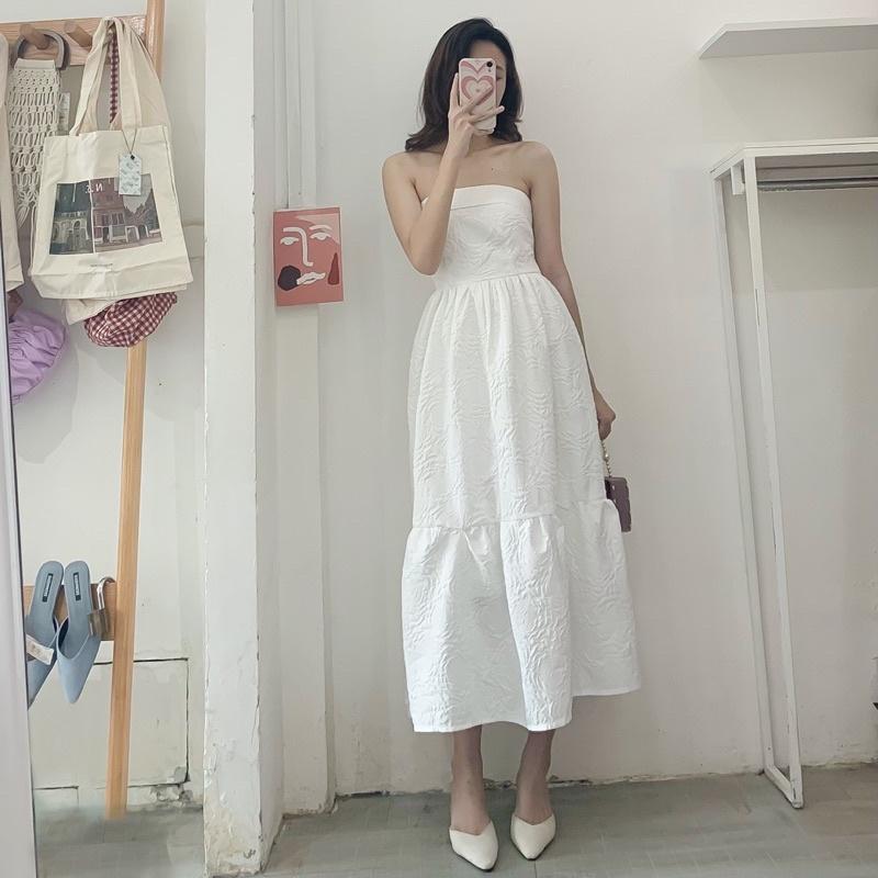 Đầm gấm dài cúp ngực