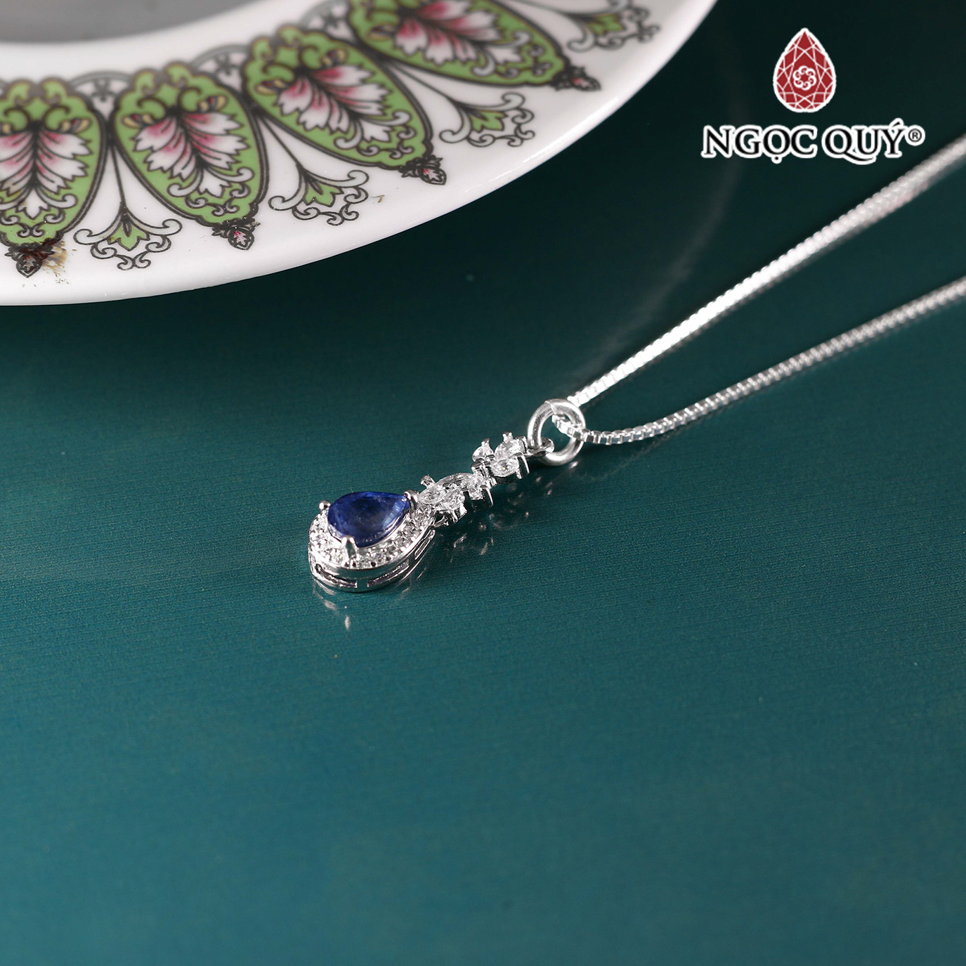 Dây chuyền bạc giọt nước Sapphire xanh dương bọc bạc 10x7mm - Ngọc Quý Gemstones
