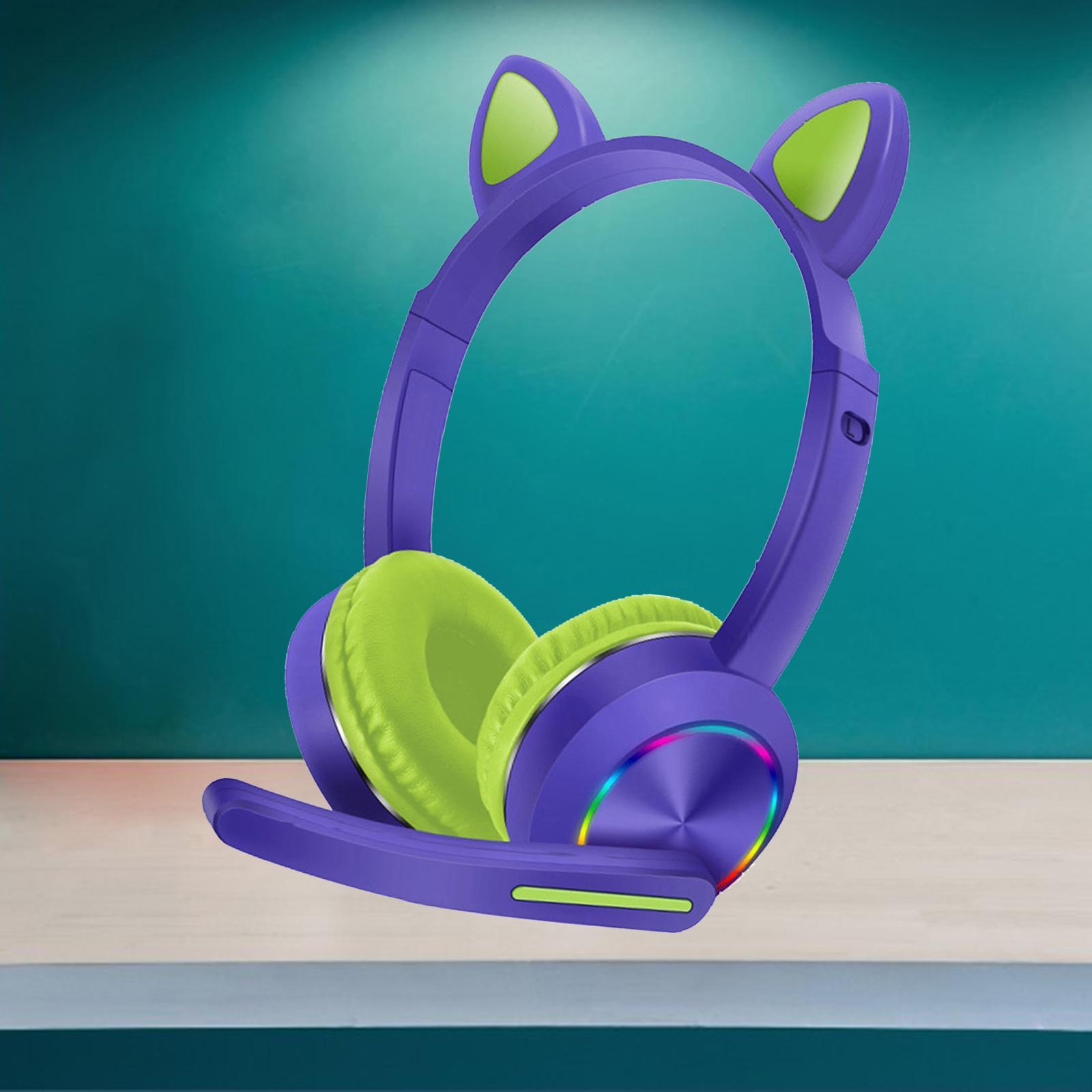 Bluetooth Headphones LED Light up Cat Ear Headset Earphones w/Mic Black