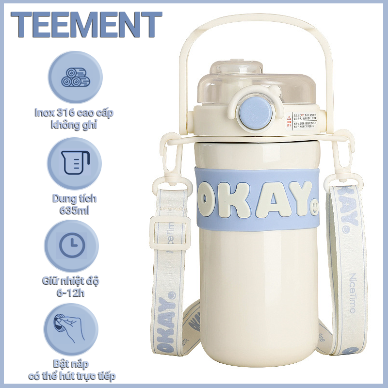 Ly Giữ Nhiệt Mẫu Mới Cao Cấp Teemeent, Dung Tích 635ml, Nắp Trượt Chống Tràn, Giữ Nhiệt Độ Lên Đến 12h, Vỏ Chống Trơn Trượt, Thiết Kế Nắp Đậy Thông Minh, Nắp Kín Và Dễ Dàng Đóng Mở, Ống Hút Trực Tiếp, Có Tay Cầm Và Dây Đeo Rất Tiện Lợi – Hàng Chính Hãng