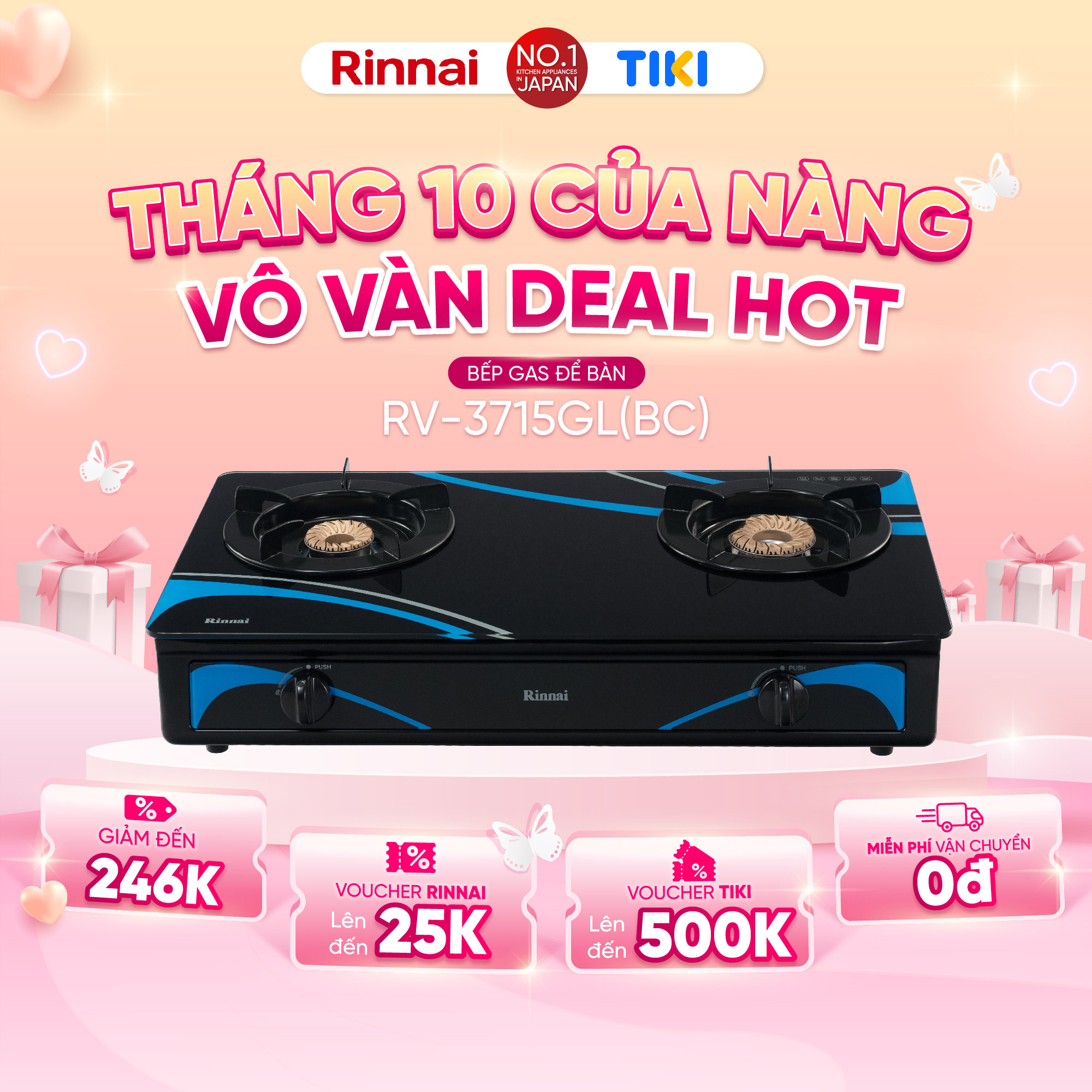 Bếp gas dương Rinnai RV-3715GL(BC) mặt bếp kính và kiềng bếp men - Hàng chính hãng.